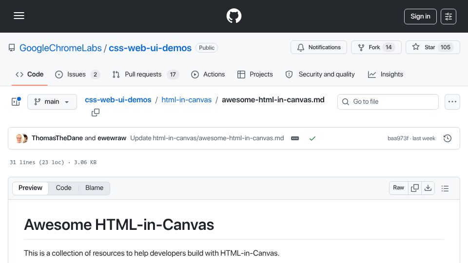 Screenshot of github.com: HTML-in-Canvas Demos