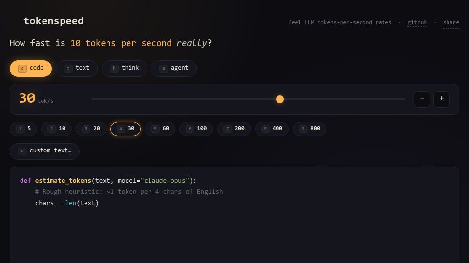Screenshot of mikeveerman.github.io: How fast is N tokens per second really?
