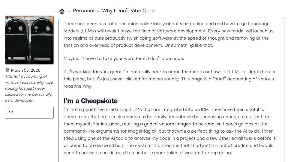 Screenshot of jacobharr.is: I Don't Vibe Code