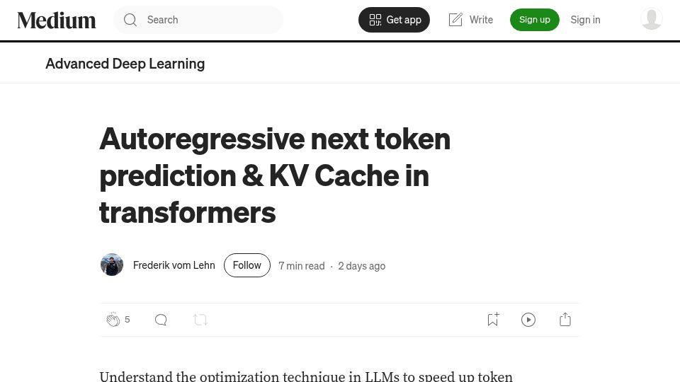 Screenshot of medium.com: Autoregressive next token prediction and KV Cache in transformers