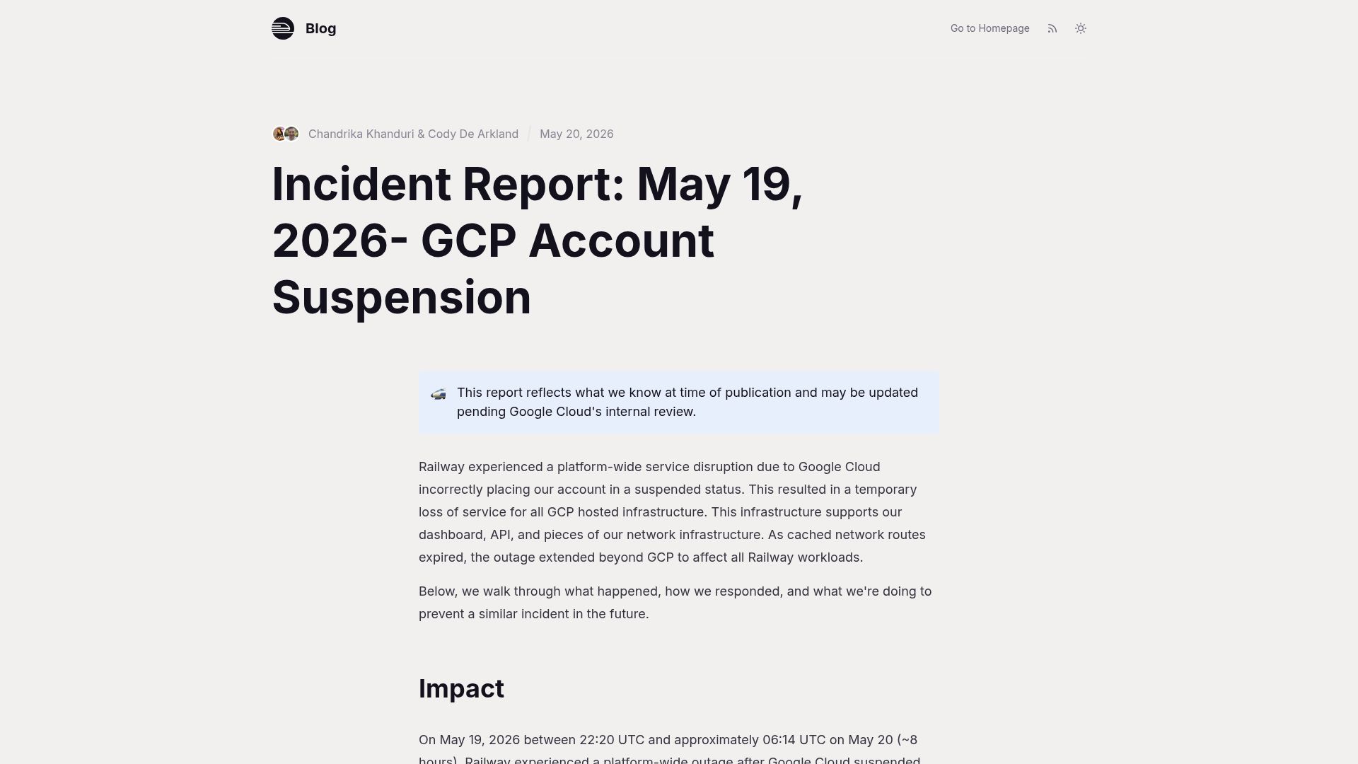 Screenshot of blog.railway.com: Incident Report: May 19, 2026 – GCP Account Suspension