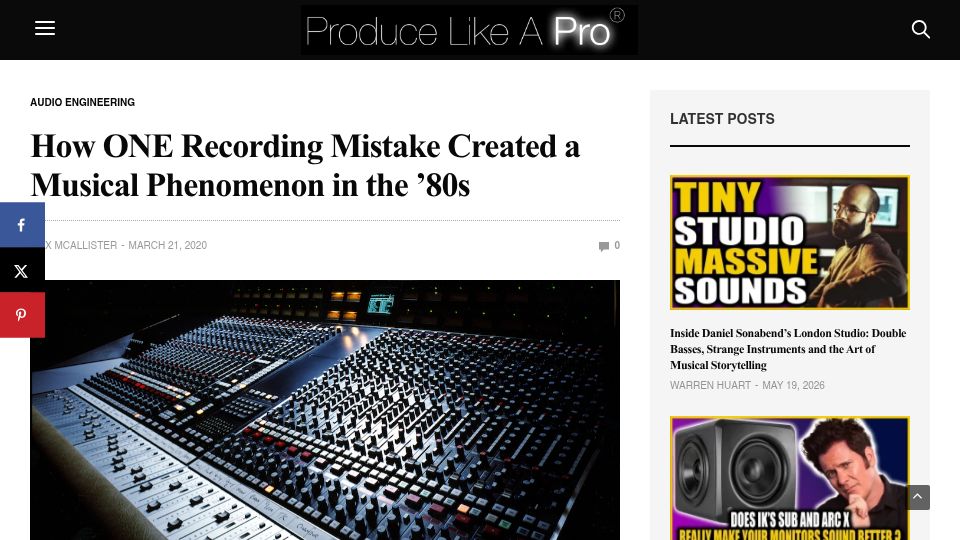 Screenshot of producelikeapro.com: In 1979 engineer Hugh Padgham discovered "gated reverb" – by accident