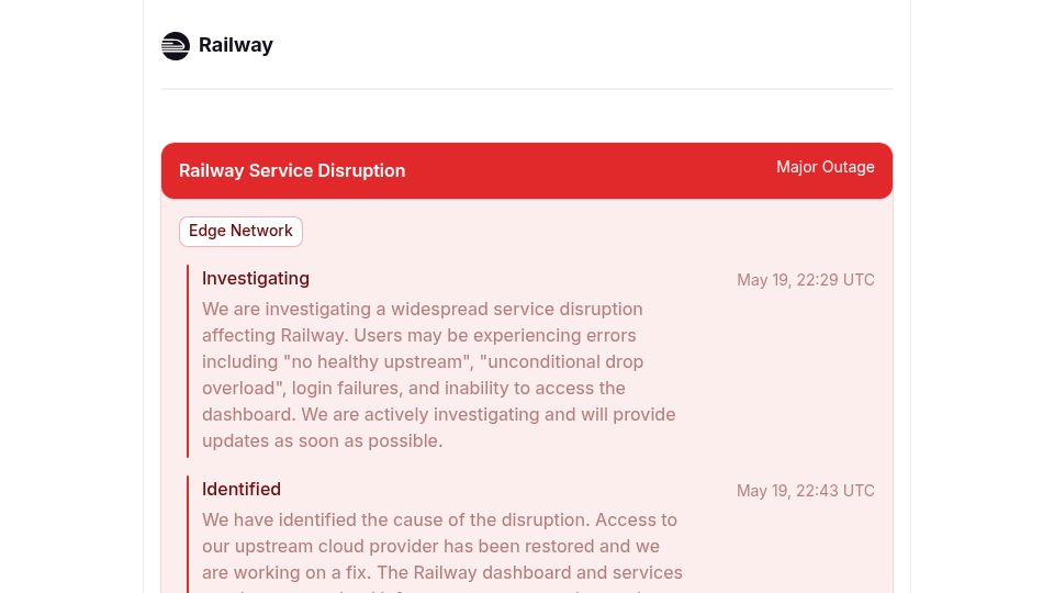 Screenshot of blog.railway.com: Incident Report: Railway Blocked by Google Cloud (Resolved)