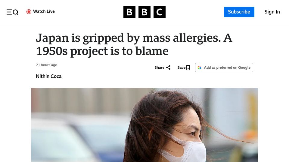 Screenshot of bbc.com: Japan is gripped by mass allergies. A 1950s project is to blame