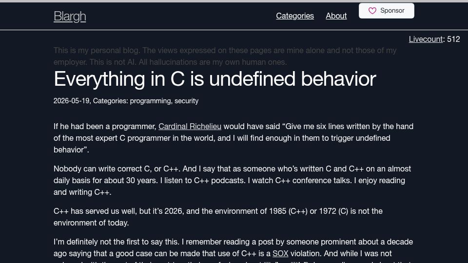 Screenshot of blog.habets.se: Everything in C is undefined behavior
