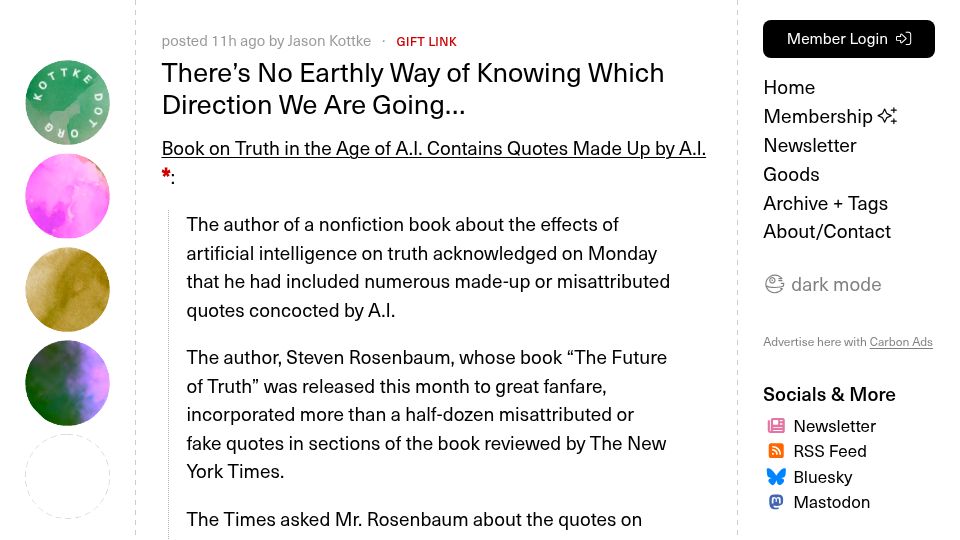 Screenshot of kottke.org: There's no earthly way of knowing which direction we are going