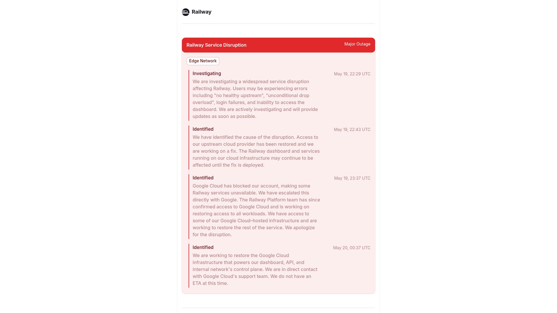 Screenshot of status.railway.com: Railway Is Having a Major Outage