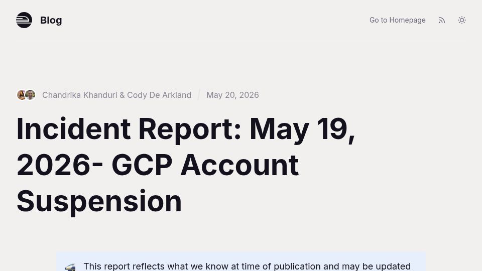 Screenshot of blog.railway.com: Incident Report: May 19, 2026 – GCP Account Suspension