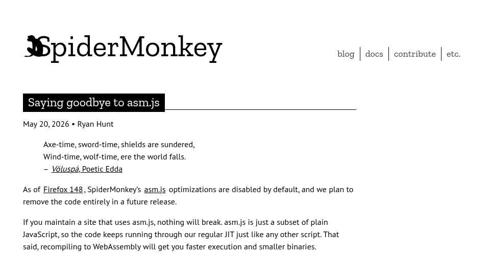 Screenshot of spidermonkey.dev: Saying goodbye to asm.js