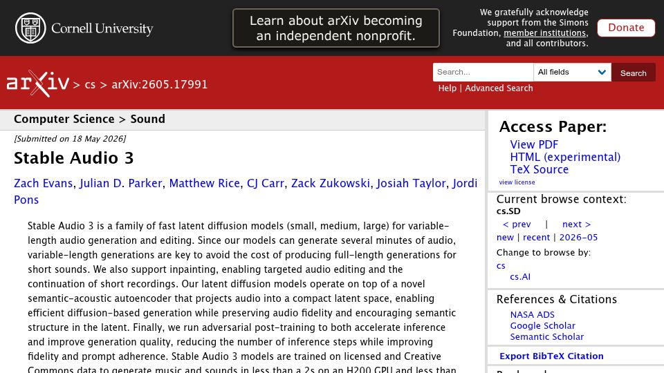 Screenshot of arxiv.org: Stable Audio 3
