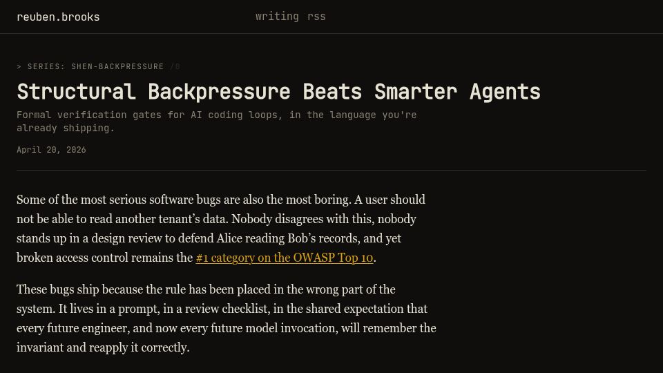 Screenshot of reubenbrooks.dev: Formal Verification Gates for AI Coding Loops