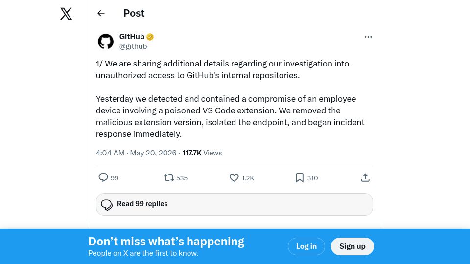 Screenshot of twitter.com: GitHub Compromised