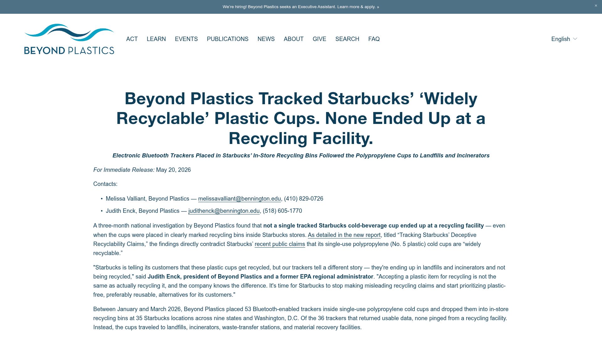 Screenshot of beyondplastics.org: Tracking Starbucks' 'widely recyclable' cups: none ended up at recycling
