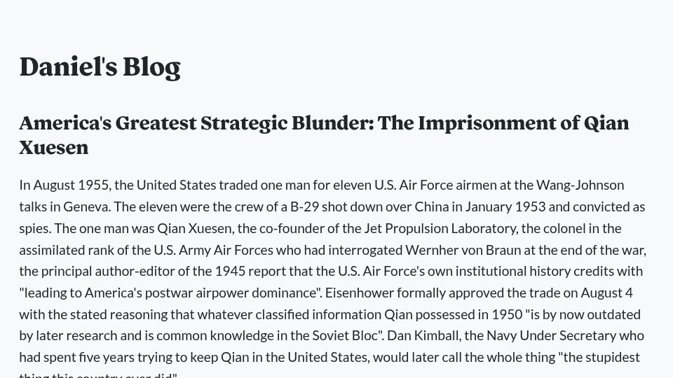 Screenshot of danieltan.weblog.lol: America's Greatest Strategic Blunder: The Imprisonment of Qian Xuesen