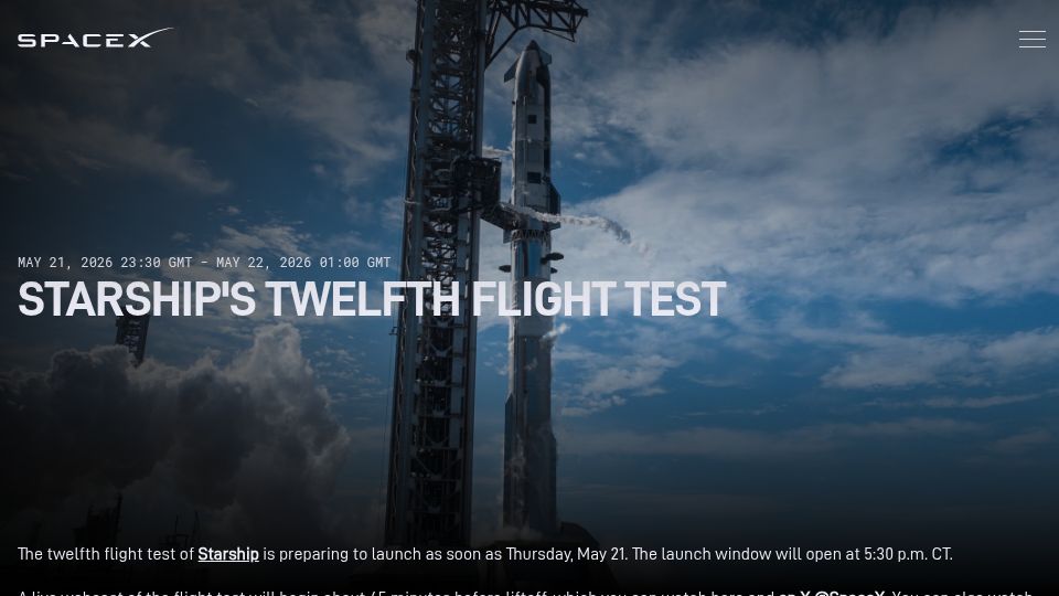 Screenshot of spacex.com: Starship's Twelfth Flight Test