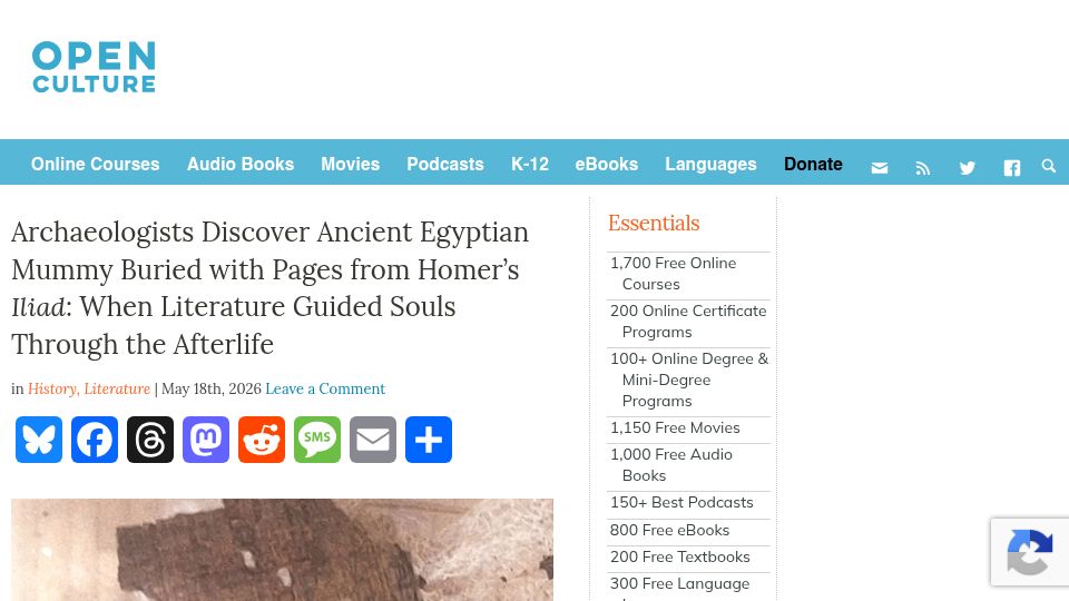 Screenshot of openculture.com: Archaeologists find Egyptian mummy buried with the 'Iliad'