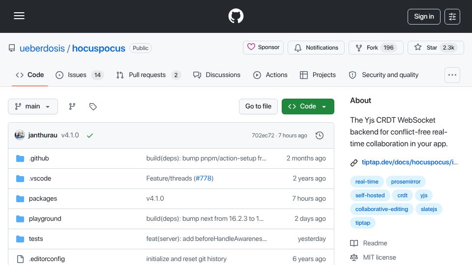 Screenshot of github.com: Show HN: Hocuspocus 4 – self-hosted Yjs collaboration backend