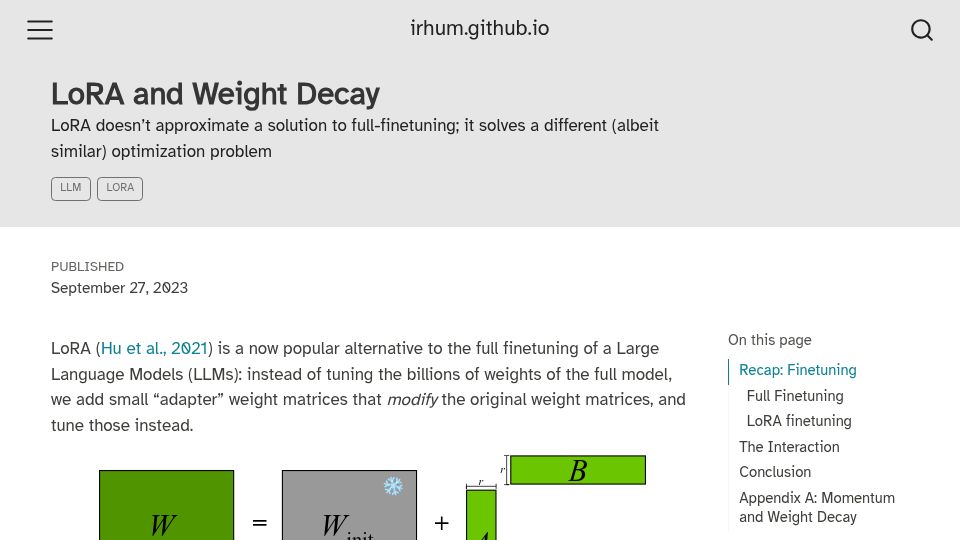 Screenshot of irhum.github.io: LoRA and Weight Decay (2023)