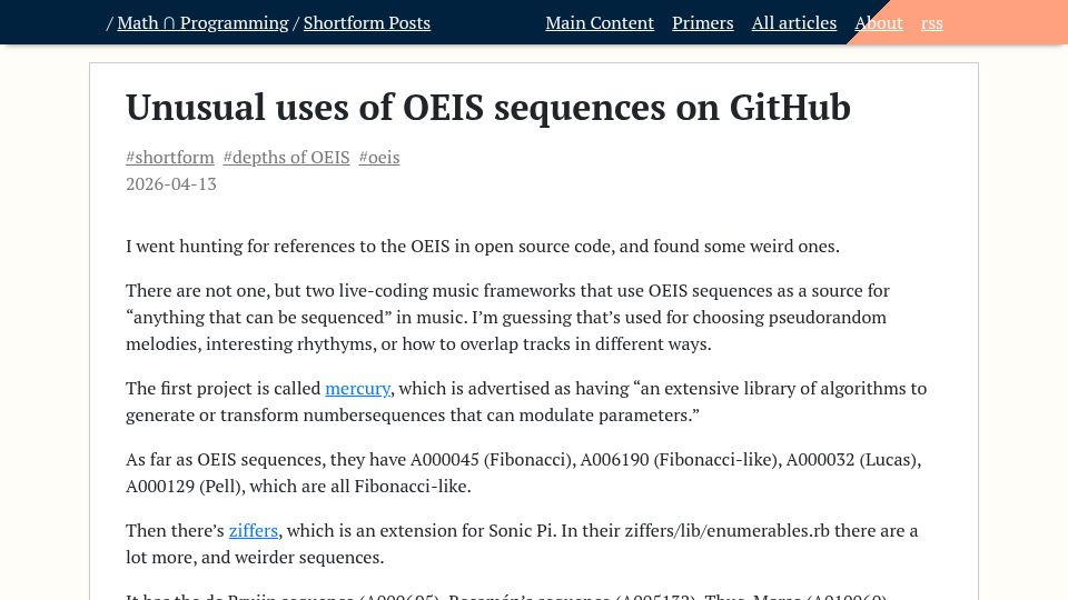 Screenshot of jeremykun.com: Unusual uses of OEIS sequences on GitHub