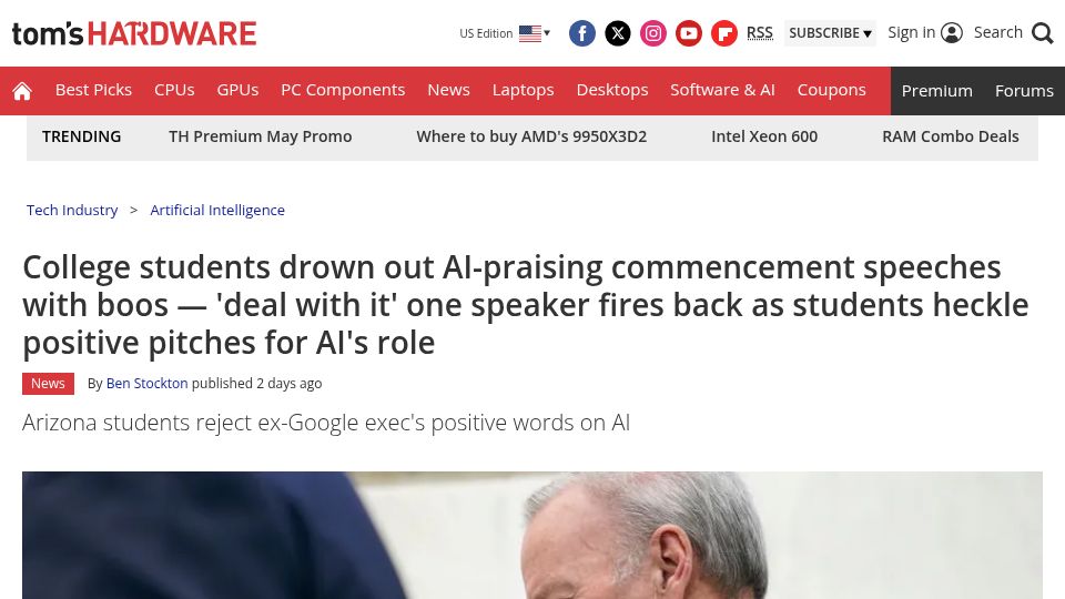 Screenshot of tomshardware.com: College students drown out AI-praising commencement speeches with boos