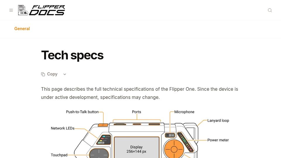 Screenshot of docs.flipper.net: Flipper One Tech Specs