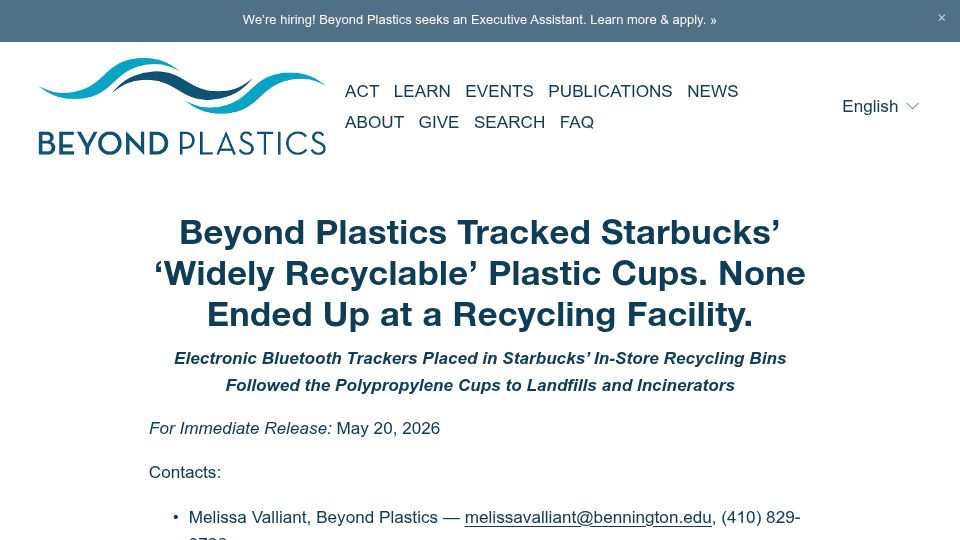 Screenshot of beyondplastics.org: Tracking Starbucks' 'widely recyclable' cups: none ended up at recycling