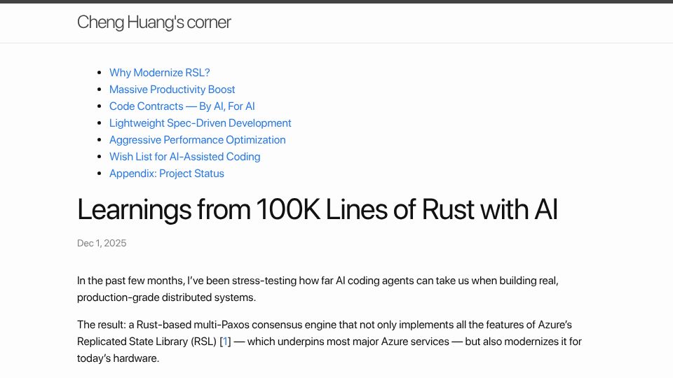 Screenshot of zfhuang99.github.io: Learnings from 100K lines of Rust with AI (2025)