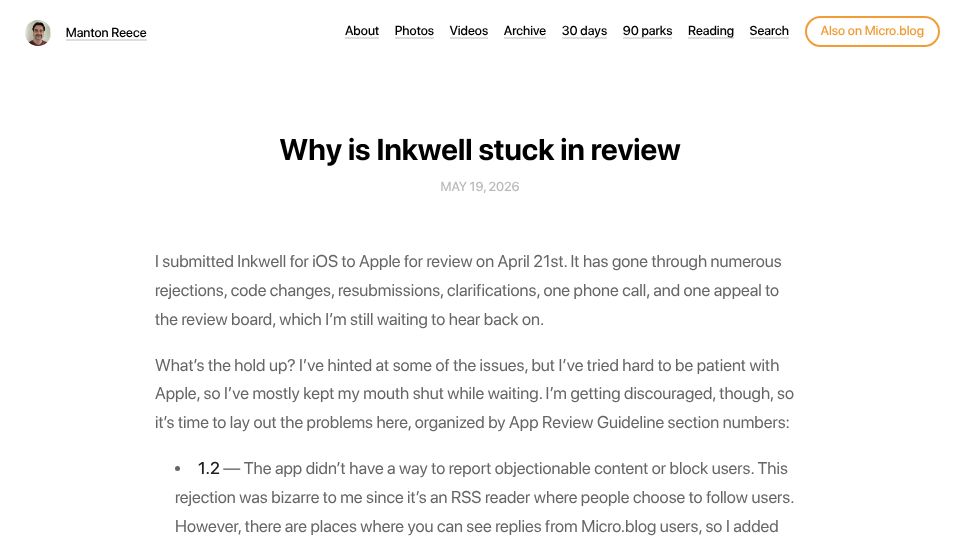 Screenshot of manton.org: Why is Inkwell stuck in review