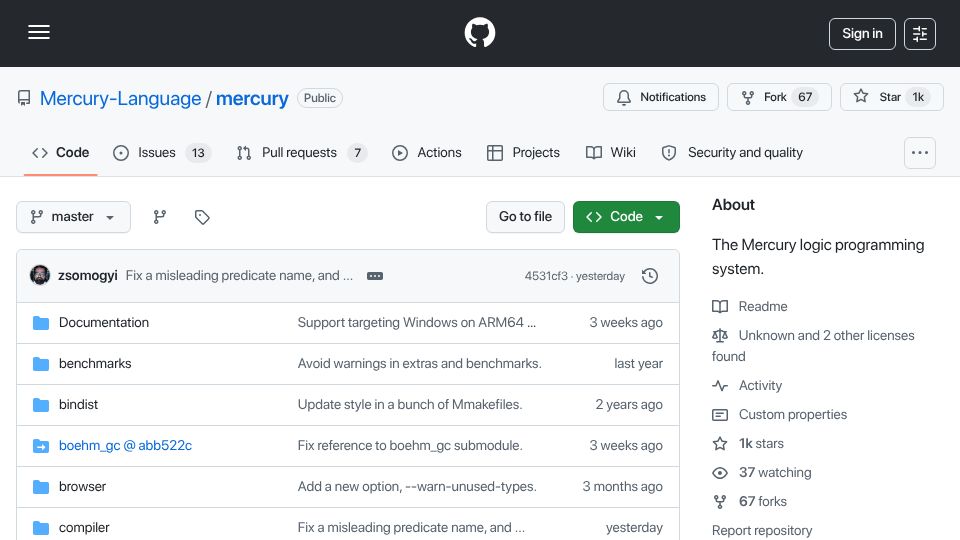 Screenshot of github.com: The Mercury logic programming system
