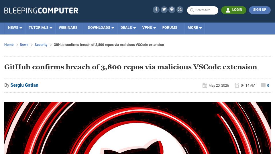 Screenshot of bleepingcomputer.com: GitHub confirms breach of 3,800 repos via malicious VSCode extension