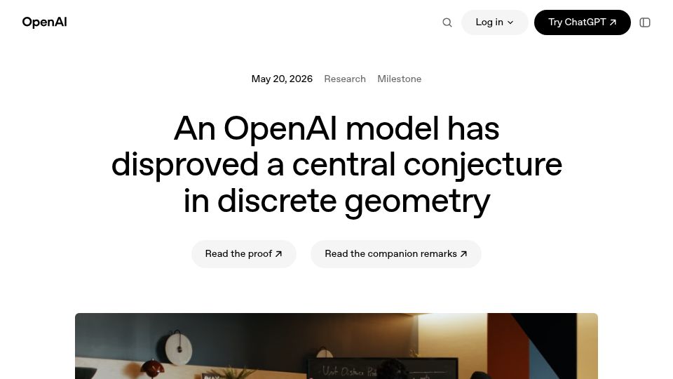 Screenshot of openai.com: An OpenAI model has disproved a central conjecture in discrete geometry
