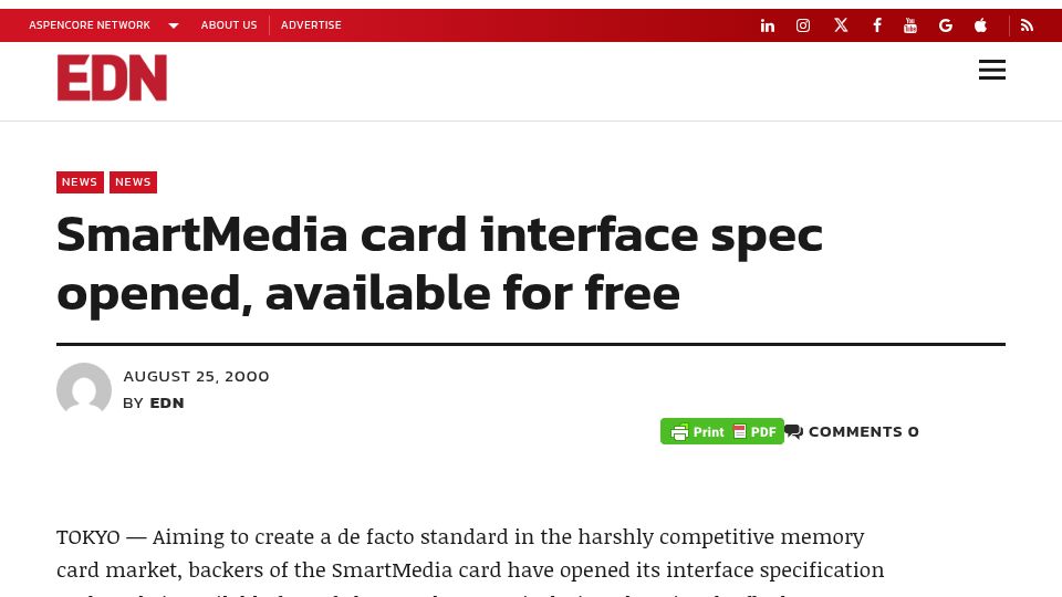 Screenshot of edn.com: Smartmedia Card Spec Opened, available free (2000)