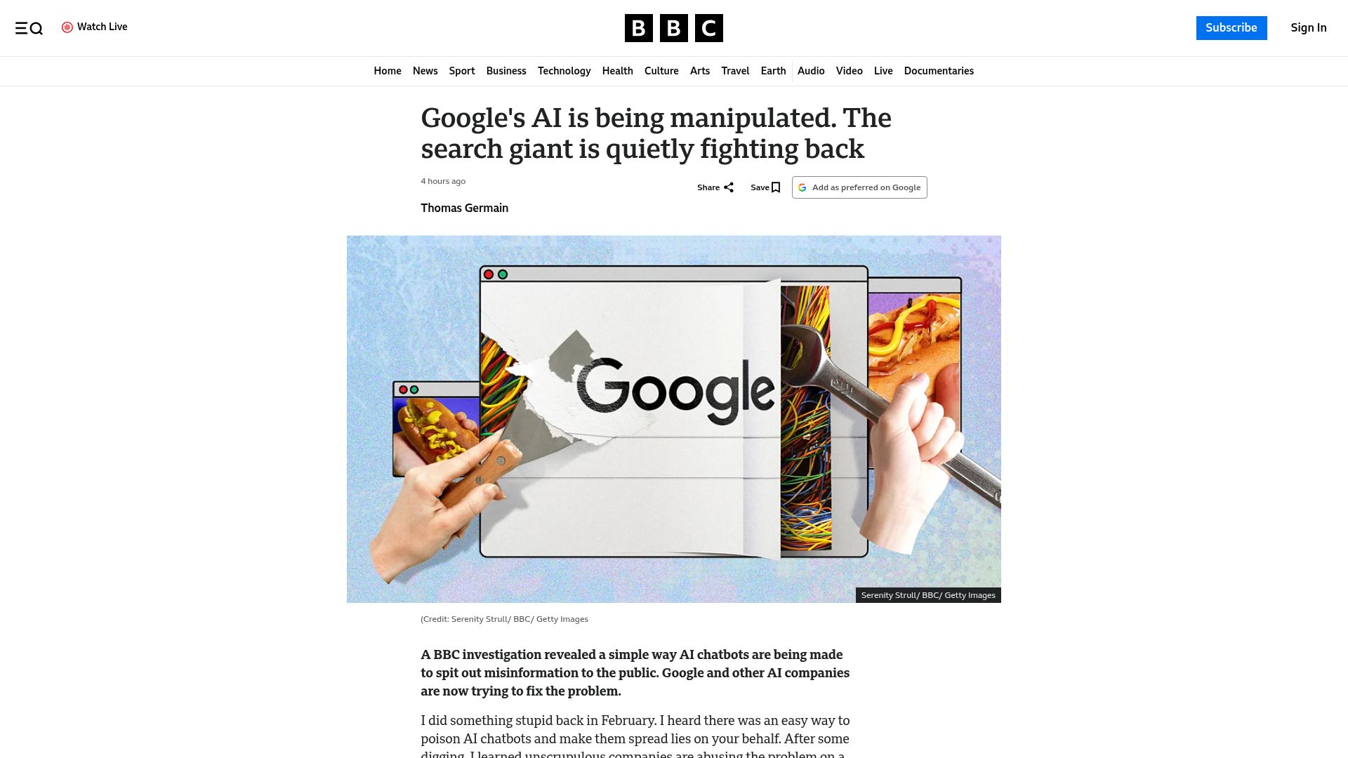 Screenshot of bbc.com: Google’s AI is being manipulated. The search giant is quietly fighting back