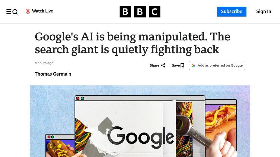 Screenshot of bbc.com: Google’s AI is being manipulated. The search giant is quietly fighting back