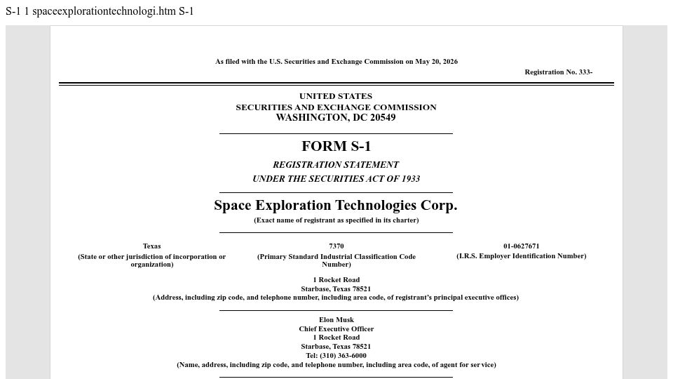 Screenshot of sec.gov: SpaceX S-1