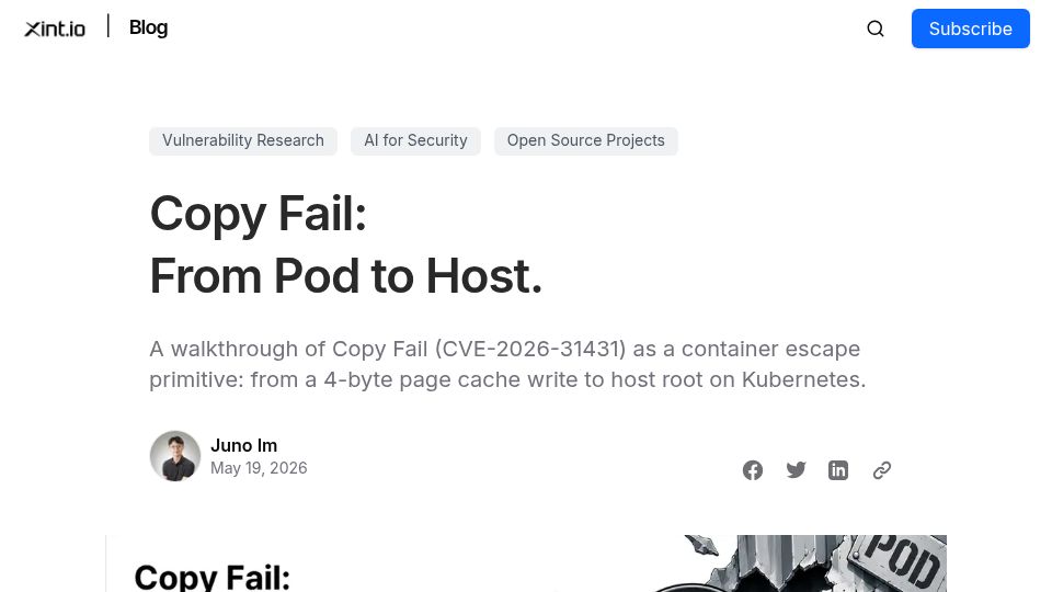 Screenshot of xint.io: CopyFail: From Pod to Host