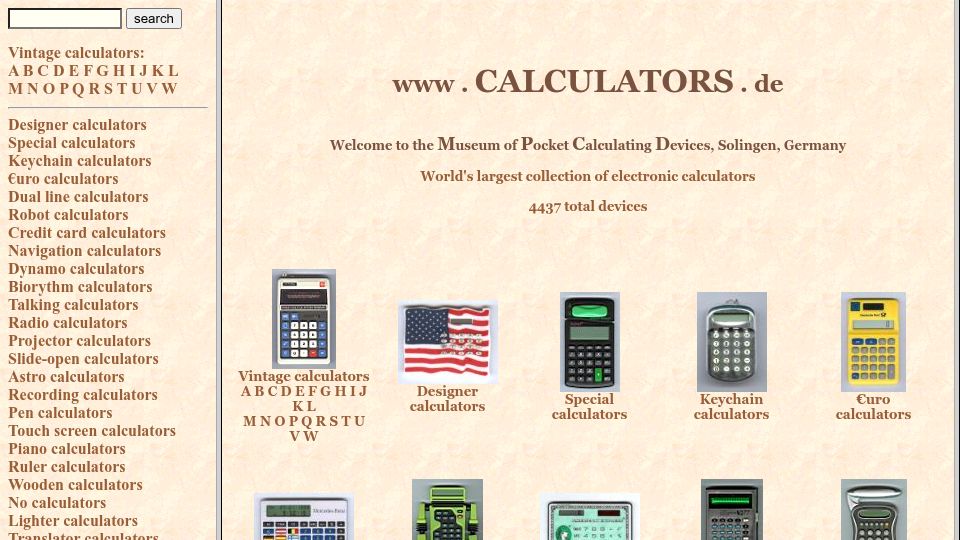 Screenshot of calculators.de: Museum of Pocket Calculating Devices