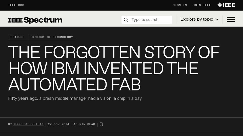 Screenshot of spectrum.ieee.org: IBM invented semiconductor manufacturing automation