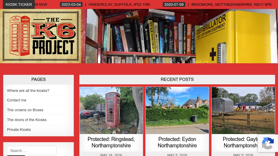 Screenshot of thek6project.co.uk: Where are all the UK red telephone kiosks?