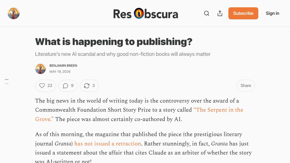 Screenshot of resobscura.substack.com: What Is Happening to Publishing?