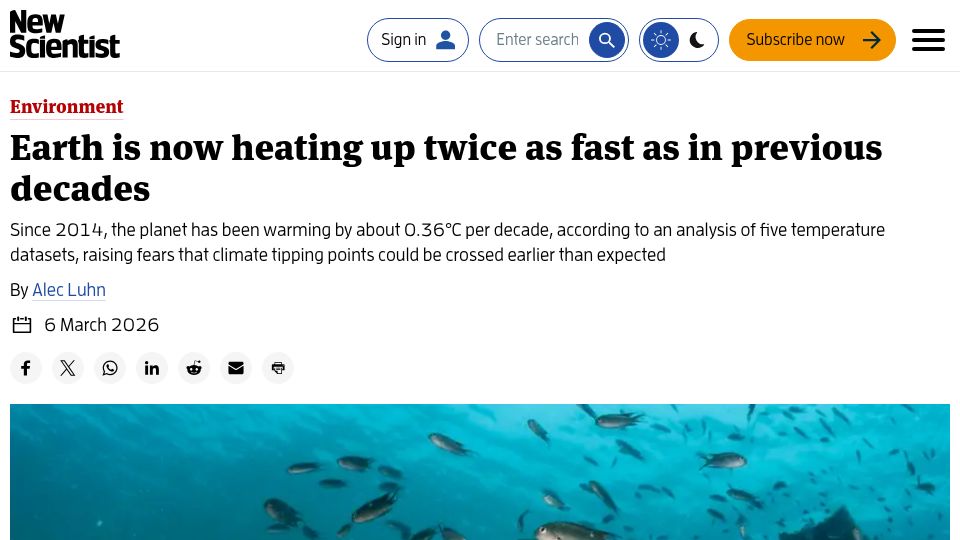 Screenshot of newscientist.com: Earth is now heating up twice as fast as in previous decades