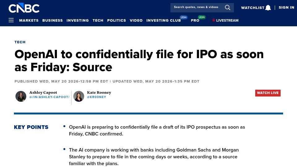 Screenshot of cnbc.com: OpenAI to confidentially file for IPO as soon as Friday