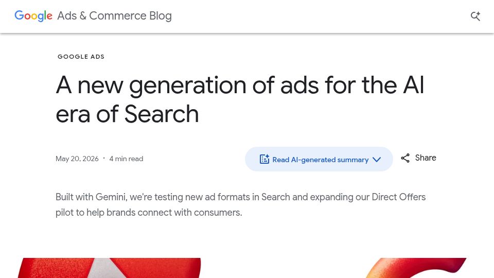 Screenshot of blog.google: We're testing new ad formats in Search and expanding our Direct Offers pilot