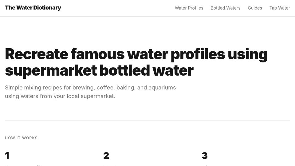 Screenshot of waterdictionary.net: Recreate famous water profiles using supermarket bottled water