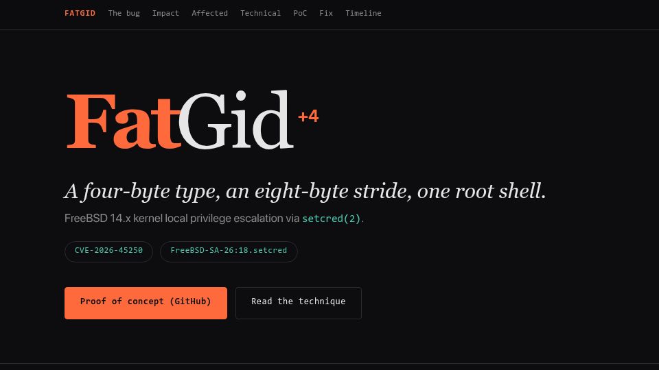 Screenshot of fatgid.io: FatGid: FreeBSD 14.x kernel local privilege escalation