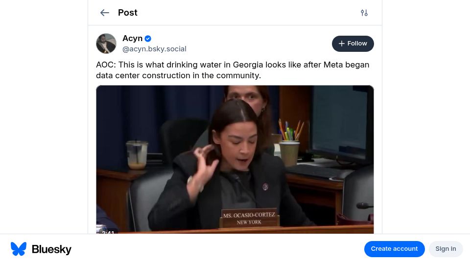 Screenshot of bsky.app: AOC displays drinking water contaminated by data center
