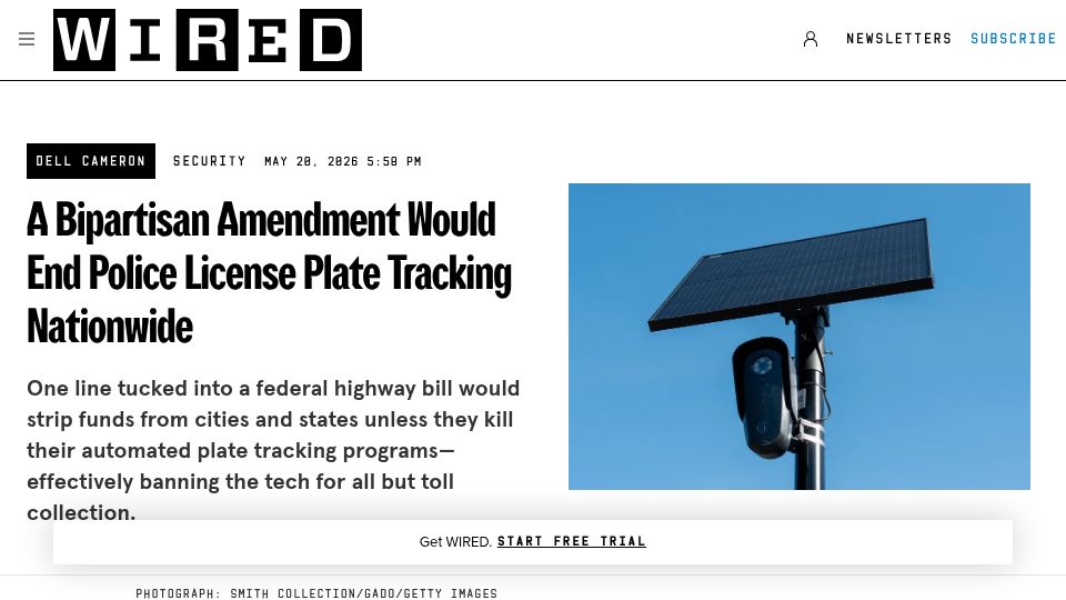 Screenshot of wired.com: A Bipartisan Amendment Would End Police License Plate Tracking Nationwide