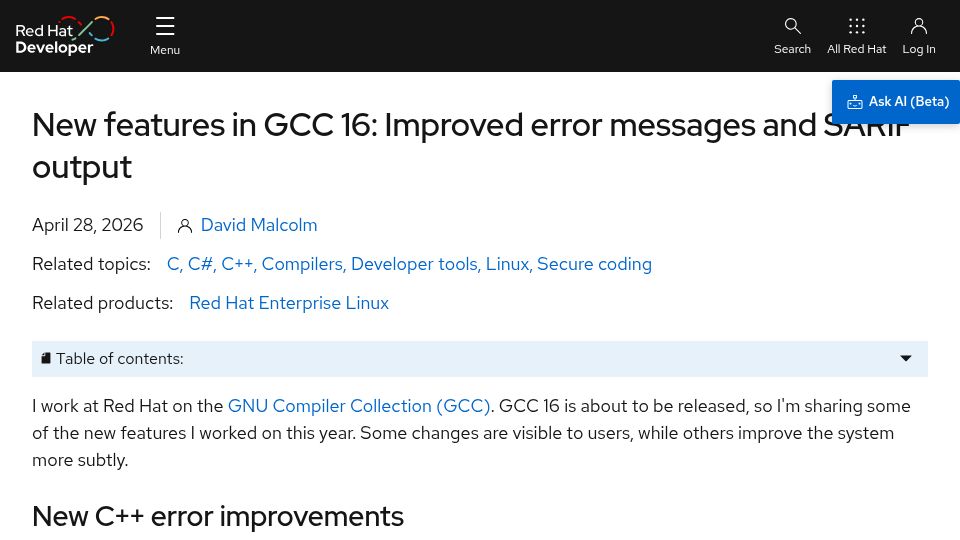 Screenshot of developers.redhat.com: New features in GCC 16: Improved error messages and SARIF output