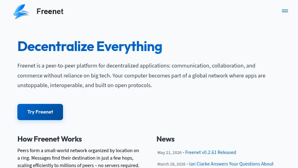 Screenshot of freenet.org: Show HN: Freenet, a peer-to-peer platform for decentralized apps