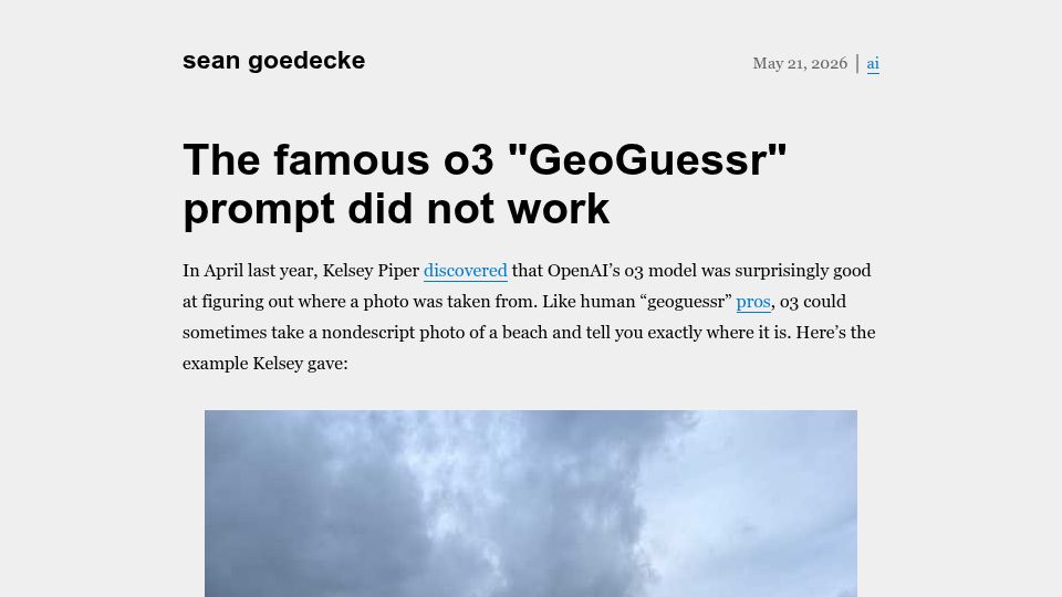 Screenshot of seangoedecke.com: The famous O3 "GeoGuessr" prompt did not work